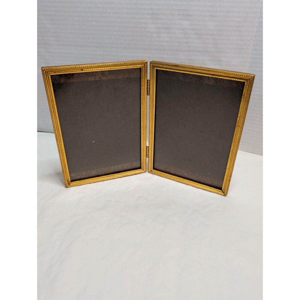 Vintage Brass Hinged Double Picture Frame 5x7 Folding Tabletop Display MCM